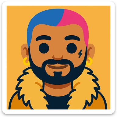 Create an emoji style image of a character with short blue and pink hair, beard, earrings, facial tattoo, wearing a fur coat, and natural skin tone. The style should resemble emoji style. sticker