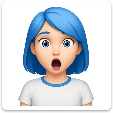 emoji of a girl with blue hair to shoulders, blue eyes, pink lips, wearing a white shirt, surprised expression sticker