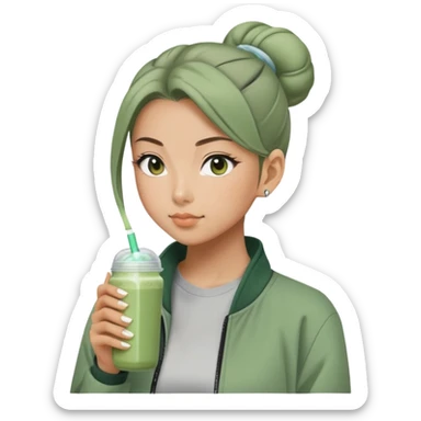 Japanese girl with sage green jacket drinking pre workout shake middle part slick back bun sticker