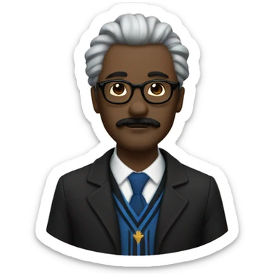 componist, man with white skin, his hair is straight and black, a black mustache, glasses, ravenclaw sticker