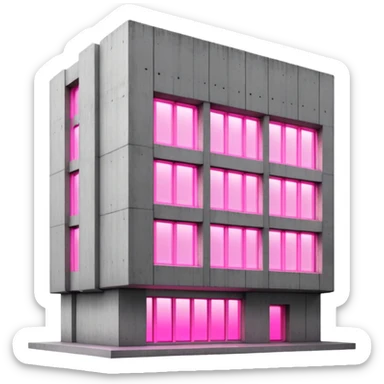Brutalist concrete building with pink glowing window, minimalist style sticker