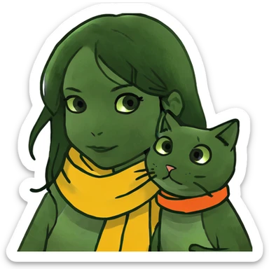 a long black hair girl holding a jinjila cat sticker