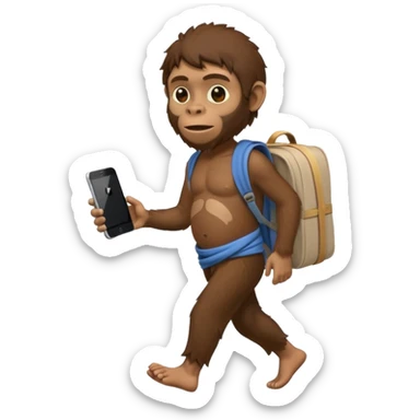 Draw an Australopithecus walking like a nomad, carrying a cloth bundle on its back and holding an iPhone and a laptop, in a cute flat iPhone emoji style. sticker