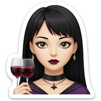 mulher cabelos pretos longos e lisos com uma franja curta acima dos olhos, olhos pretos com delineado, expressão séria, com um sorriso sensual e lábios cor de vinho, ela usa uma gargantilha preta com um pequeno pingente de morcego preto sticker