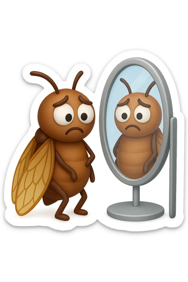 EMOJI STILE IPHONE 3D DI una cicala troste che si guarda allo specchio insoddisfatta del suo fisico, fagli gli occhi bianchi , non solo la pupilla sticker