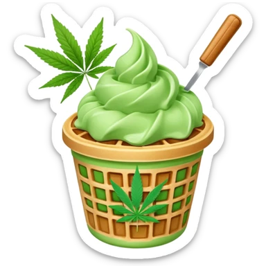 gelato in a waffle cup with cannabis leaf sticker