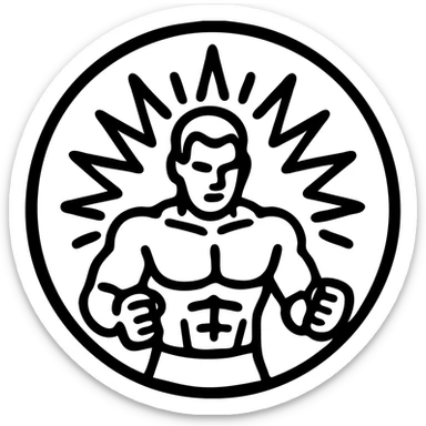 circular icon with transparent background featuring muscular masculine character in powerful energized stance with arms bent and fists clenched, dramatic fiery burst of light or energy radiating from behind, suggesting activation transformation, cartoonish realistic style, designed for video game power-up icon sticker