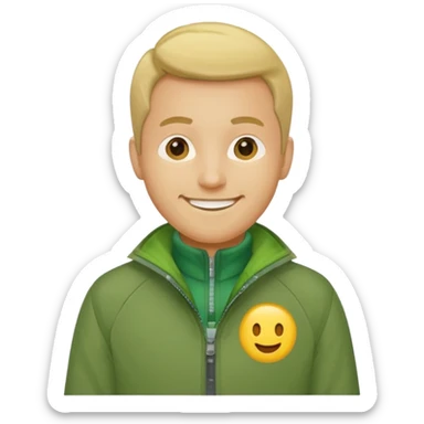 A yellow skintone man wearing a zipped up green jacket sticker