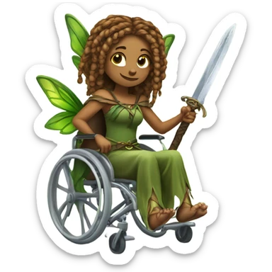 Female, forest fairy, fairy wings, African, pointed elf ears, box braid hair, vines, holding medieval sword, sitting in wheelchair sticker