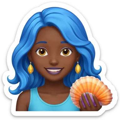 smiling dark skinned girl head, shiny long wavy blue hair with sea shells, emoji style sticker