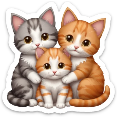 3 kittens cuddling together all different colours, the first one is grey and white, the second is ginger and white and the third is brown tabby and white sticker