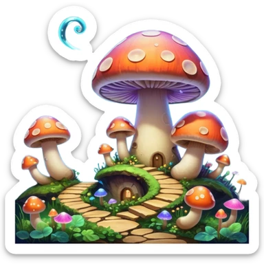  "A whimsical mushroom world filled with giant glowing mushrooms, soft bioluminescent spores floating through the air, and friendly oversized snails with colorful spiral shells exploring the landscape. Fantasy atmosphere, vibrant colors, dreamy lighting, highly detailed sticker