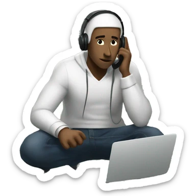 a white man, tired, is sitting at a laptop and talking on the phone, there is a bundle of money next to him, headphones on his head

 sticker
