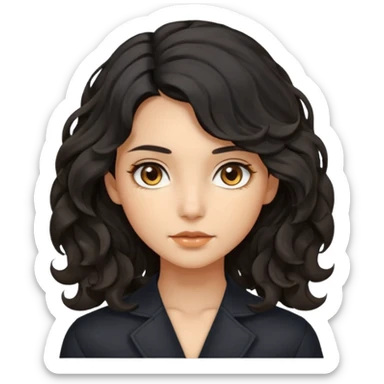 this avatar of girl has shoulder-length black wavy hair with loose curls framing the face, and a long, pointed face with golden-brown eyes and a calm, neutral expression. sticker