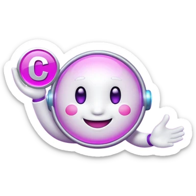 Friendly round AI mascot with a neon C badge, floating hologram in hands, purple-magenta glow. sticker