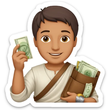 Emoji portrait of a Roman merchant. Loose-fitting clothes, holding a money pouch, cheerful expression. sticker