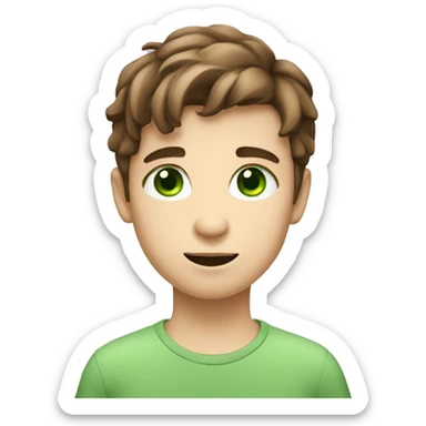 A white european boy with brown hair and green eyes explaining something sticker