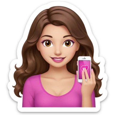 girl with long wavy brown hair, brown eyes, long lashes, sexy pink lips, light to medium complexion, wearing a pink sexy top, smiling, finger tips touching sticker