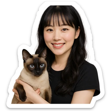 white-skinned East Asian woman holding a Siamese cat, black see-through bang bangs, long wavy hair, round brown eyes, light pink blush on cheeks, pink lips, smiling face sticker