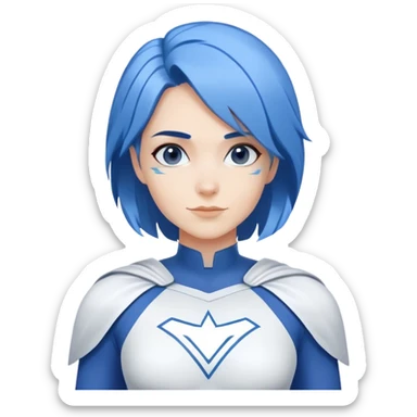 A close-up emoji of a friendly woman with blue hair (no eye mask) wearing a minimalist blue and white superhero costume with wide shoulders. The costume has a large empty area on the chest for the logo, uses only blue and white colors, and has minimal details. sticker
