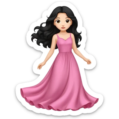 Uma menina com vestido longo rosa e cabelo longo preto ondulado sticker