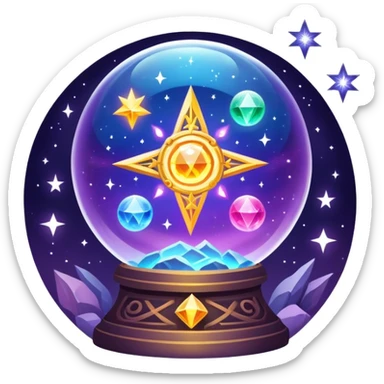 vibrant and mystical icon representing divination and esotericism. The icon should feature symbols like a crystal ball, tarot cards, or mystical runes, with glowing effects, stars, and a magical atmosphere. The design should be colorful, magical, and evoke a sense of mystery and spirituality. sticker