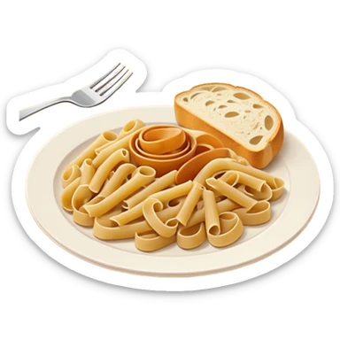 European cuisine humanless avatar in modern emoji-style illustration. Plate with pasta and bread, neutral warm colors, simple shapes, flat design, elegant and friendly. sticker