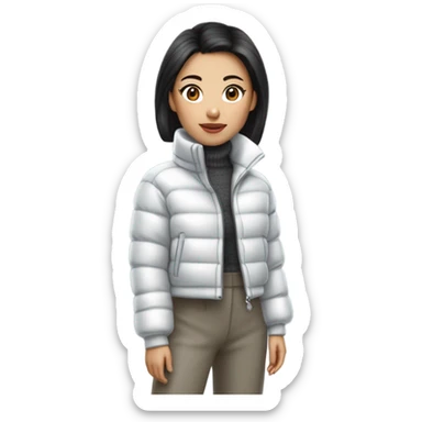 A petite Asian girl styled a cropped white puffer jacket with a glossy finish, layered over a fitted gray turtleneck sweater, pairing it with high-waisted pleated wide-leg trousers that added a touch of sophistication. sticker