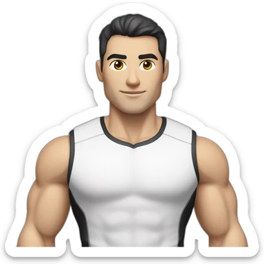 Pale skinned Fit Man With the biceps and dark brown hair in black shirt, gray sports shorts and white Sneakers sticker