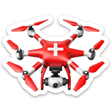 Rescue drone sticker, emergency quadcopter with medical cross symbol, red and white color, simple flat vector style, bold outline, transparent background sticker