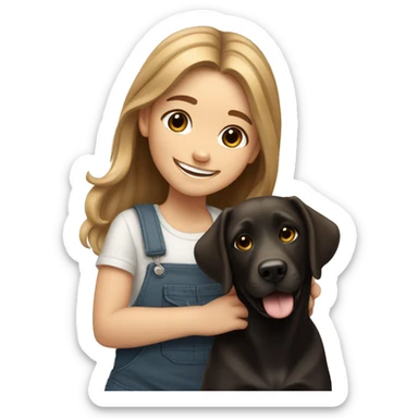 White cute girl with long ligth brown hair smiles, and dog like labrador black and white sticker