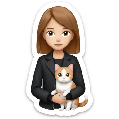 Light-skinned girl with brown straight hair wearing a black jacket, holding one completely white cat and one calico cat sticker