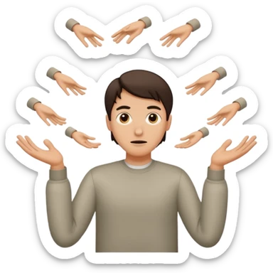 Person shrugging with six hovering above one hand and seven hovering over the other sticker