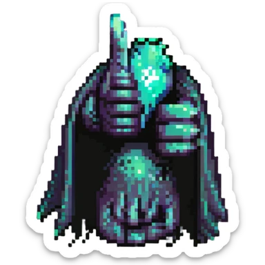 A shadowy hand emerging from a dark, mysterious cloak sleeve giving a thumbs up gesture. The hand is semi-gloved or ghost-like, with slight glowing accents or glitch particles. sticker