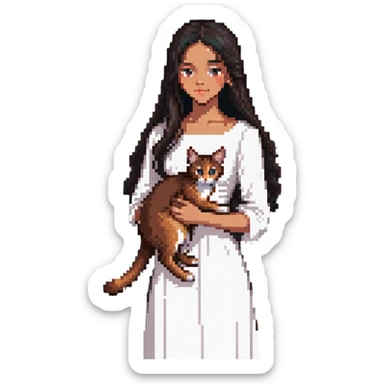 beautiful girl with long black hair wearing a white dress holding an Abyssinian cat with reddish-brown fur in her arms, side view sticker