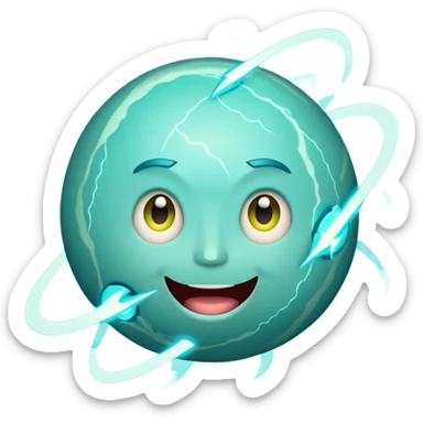 Uranus planet emoji in Apple style, blue-green color with visible rings, very large playful fun excited face, bursting with electric chaotic unexpected energy, bold lightning bolts, highly expressive features sticker