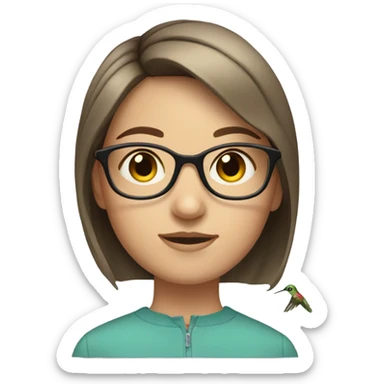 Girl pale , brunette, with short hair, wearing glasses with a hummingbird next to her sticker
