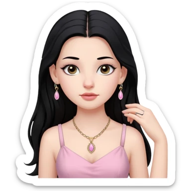 Menina branca ,cabelos longos cor preta , olhos cor preta puxados para cima. Cílios longos, lábios grossos ,nariz pequeno.vestido rosa claro de alça. Jovem de 16 anos .colar e brinco vivara sticker