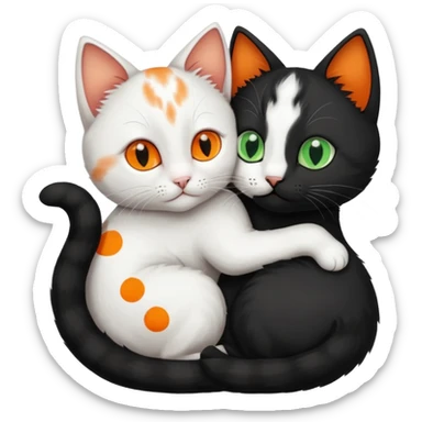 Black kitten with green eyes cuddling with white cat with orange spots and blue eyes and sharper features in the shape of a yin yang symbol sticker
