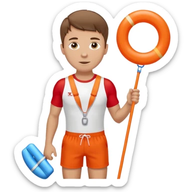 Male lifeguard – red shorts, whistle around neck, holding rescue float. sticker