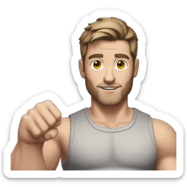 Close up Actively gesturing  with hands Pale skinned Fit Man With the biceps and brown hair in dark gray Sleeveless Mike, black oversize sports shorts, watch and white Sneakers sticker