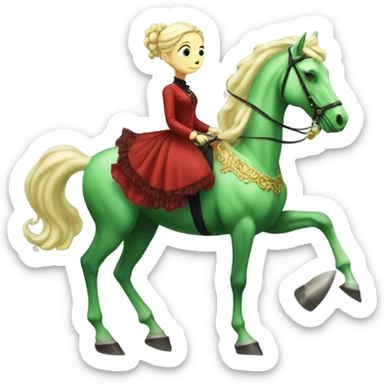 "galora green blonde alien woman" in red Victorian elegant dress, full body, rides "horse gold and white"
 sticker