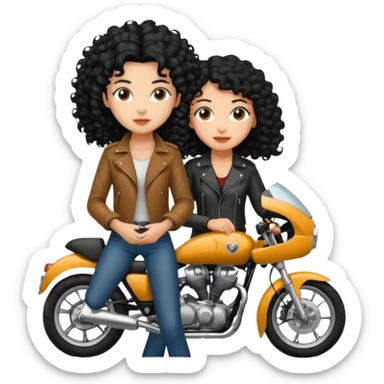 A motorcyclist and a shorter girl with curly black hair, facing each other. sticker