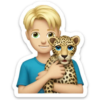 blue eye blonde boy holding stuffed leopard  sticker
