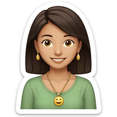 smiling young woman emoji with dark brown hair, brown eyes, nose piercing, wearing green and cream blouse and gold necklace, radiating happiness and calm sticker