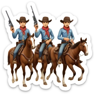 Icon for Western: A vintage movie poster-style design with cowboys on horseback, dusty desert landscape, and a setting sun. Include cowboy hats, revolvers, and an old saloon. The design should have bold typography and a retro cinematic feel. Transparent background. sticker