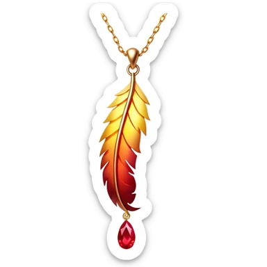 glowing ruby pendant shaped like a phoenix feather, red-yellow gradient, chain suspended midair with rebirth aura sticker