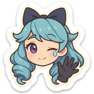 chibi style head of Gwen from League of Legends, right eye purple, one hand waving with glove, expressing a goodbye emote, gentle smile with a tear, no letters sticker