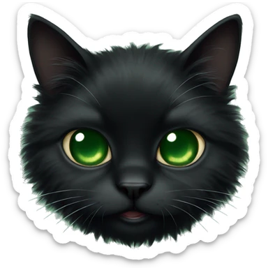A black fluffy cat with dark green eyes lies sticker
