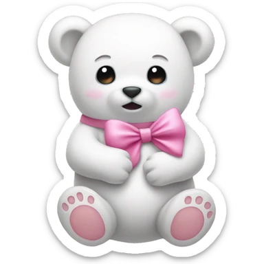 Baby bear with a bow holding a  white ghost emoji that has a pink bow sticker